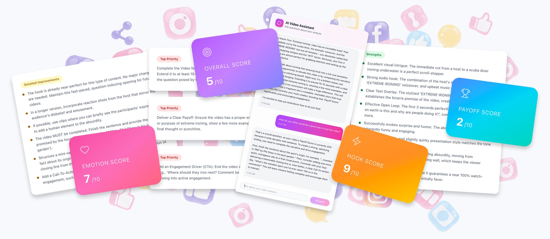 RankMyReel AI Video Analysis Dashboard showing viral potential scores, hook analysis, and engagement predictions for TikTok and Instagram content