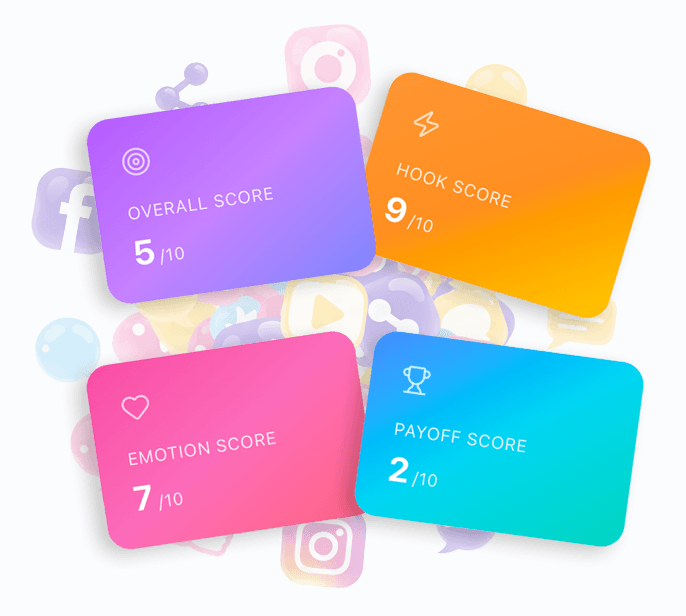 RankMyReel Score Cards displaying Overall Viral Score 8/10, Hook Score 9/10, Emotion Score 7/10, and Payoff Score 8/10 for comprehensive video analysis